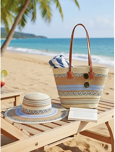  Sett med bohemsk stripete stråveske og solhatt til dame, bohemsk etnisk vevd strandferieveskesett i flere farger for feriestedreiser, uformelle sommerantrekk og hverdagsbruk