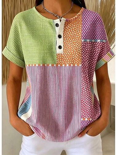  top da donna in maglia testurizzata waffle t-shirt sfumata grafica geometria elegante classico manica corta girocollo henley top lunghi sport quotidiani bianco-blu rosso arancione estate primavera
