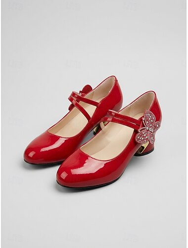  női élénkpiros lakkbőr Mary Jane cipő - elegáns, kerek orrú, pillangós blokksarkú cipő mindennapi viseletre, modern vintage stílus &irodai sikkes