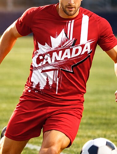  Herren Geometrisch Buchstaben & Zahlen Kanada Fußball-Sommer Global Match Laufoberteil Laufshirt Sommer Kurzarm UPF 50 Schnelltrocknend Atmungsaktiv Fitnessstudio Laufen Fitness Rote Sportbekleidung