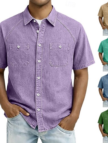  Pánské Košile Košile pro volný čas Košile na knoflíky Kyselé mycí tričko 100% Bawełna Černá Světle zelená Fialová Khaki Armádní zelená Krátký rukáv Bez vzoru Košilový límec Ležérní Denní Přední kapsa
