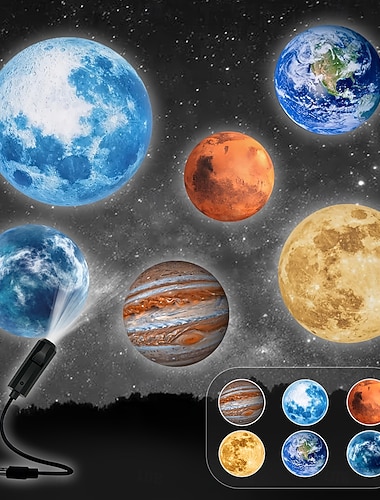  6 i 1 USB planetprojektor nattlys, jord måne mars jupiter galakse projektor med 360° fleksibel svanehals, bærbar stjernehimmel takprojeksjonslampe for soveromsdekor, gave til barn og voksne