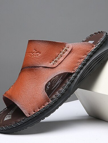  Bruine leren slippers voor heren, comfortabele casual zomerschoenen met open neus, ademende outdoor- en resortstijl, ideaal voor het strand, het zwembad en vakantie.
