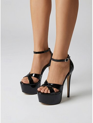  Svarta lackerade platåsandaler med hög klack, stilettklackade festskor med remmar för nattliv och klubbar &djärva kvällslooker