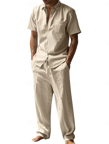 Herren Leinenhemd Zweiteilig Hemd Set Und Leinenhosen Hose Freizeithose Set Einfach Täglich Outdoor Urlaub Umlegekragen Kurzarm Sommer Mode Lässig Bequem Bekleidung