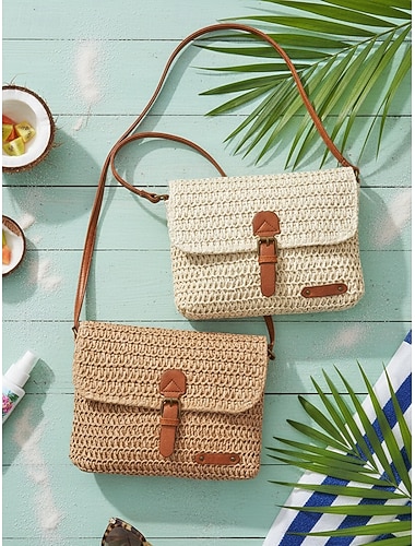  Bohemsk stråveske til dame, vevd skulderveske i elfenben og khaki med justerbar stropp for strandferie, feriestedreiser, uformelle sommerantrekk og hverdagsbruk