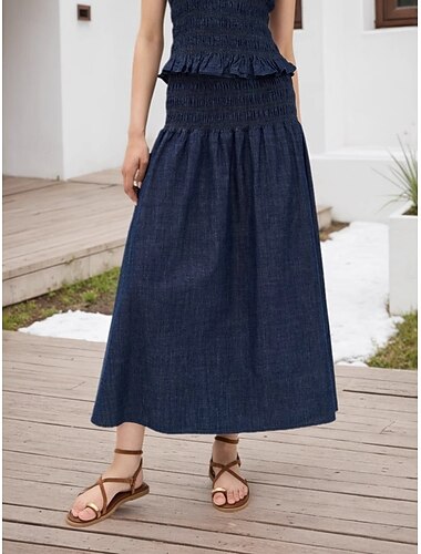  Damen Urlaubsrock Mode Lässig Maxi Hohe Taille Röcke Einfach Dehnbar Täglich Straße Marineblau Sommer Polyester