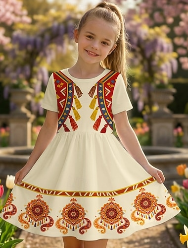  Jenter' 3D Grafisk Stamme Kjole Kortermet 3D-utskrift Sommer Vår Daglig Feriereise Fest søt stil Grunnleggende Fritid Barn 4-12 år Uformell kjole Kjole med A-linje Knelang Normal