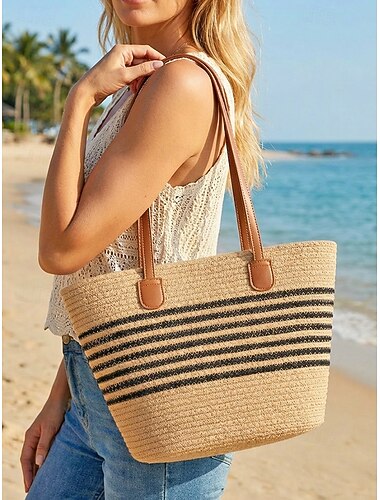  Damestas in boho-stijl met geweven strepen, ruime schoudertas van stro voor strandvakanties, resortreizen en dagelijks gebruik.