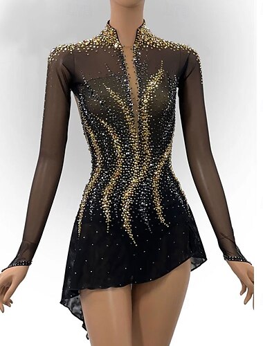  abito da pattinaggio artistico, abito da pattinaggio sul ghiaccio da donna e da ragazza, patchwork nero, orlo asimmetrico, alta elasticità, abbigliamento da pattinaggio per allenamento e competizione,