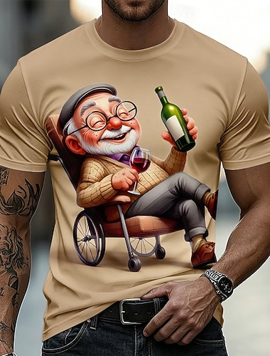  تيشيرت رجالي بتصميم كرتوني ثلاثي الأبعاد لرجل عجوز سعيد يشرب النبيذ على كرسي متحرك، برسومات فكاهية مضحكة، بياقة دائرية وأكمام قصيرة، هدية مثالية لحفلة تقاعد الجد، لمحبي النبيذ، ملابس مصممة.