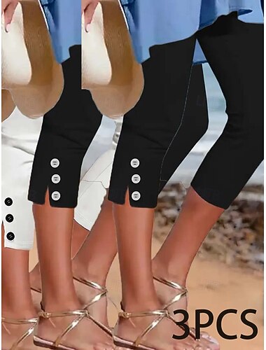  3 st dam capribyxor smala chinos crop semester grundläggande casual vadlång naturlig slät slits komfort snabbtorkande mjuk stretchig semester casual daglig vit 2svart+vit 2vit+svart svart sommar vår