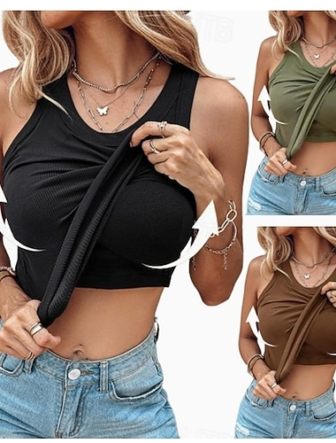  Damen Tank Top Einfach Mode Stilvoll Lässig Ärmellos Rundhalsausschnitt Normale Oberteile Täglich Ausgehen Wochenende Schwarz Weiß Gelb Braun Grün Sommer Frühling