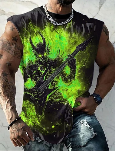  Herren-Tanktop mit Dämonenmotiv, Gitarre spielend, grünes Feuer, Flammen, Heavy Metal, Gothic Rock, Punk, Dark Fantasy, ärmellos, Allover-Print, Rundhalsausschnitt, figurbetont, Streetwear, Konzert-