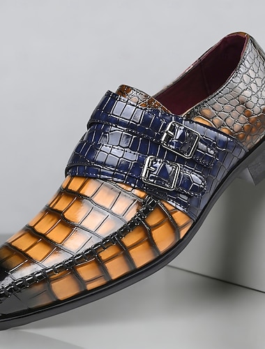  herresko med brune blå krokodillepregede munkestropper og spisse tå for formelle sko til bryllup, banketter, fester, skoleball, kontor og dristig herrestil