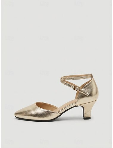  أحذية رقص ذهبية نسائية - كعب رقص قياسي ذو مقدمة مستديرة وحزام للكاحل، مناسبة للتدريب الأنيق & أداء