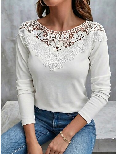  Damen T Shirt Spitzen-T-Shirt T-Shirt Spitze Patchwork Einfach Mode Stilvoll Klassisch Langarm Rundhalsausschnitt Normale Oberteile Täglich Ausgehen Wochenende Schwarz Weiß Sommer Frühling Herbst
