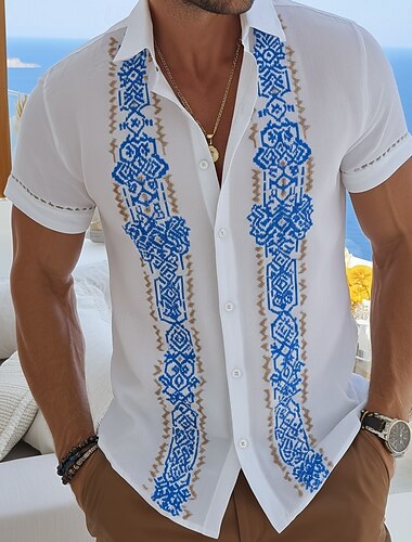  Herren Geometrisch Ethnisch Abstrakte Kunst Hemd Guayabera Hemd Knopfhemd Kurzarm Vintage-Retro Täglich Outdoor Urlaub Sommer Frühling Umlegekragen 3D-Druck Leinenähnliches Hemd Blau Wein Purpur Grün