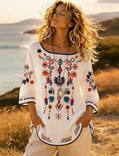  בגדי ריקוד נשים חולצה פשתן כותנה דמוי עור רקום דפוס פרחוני וינטאג' מסוגנן שרוולים קצרים צווארון עגול קצר Crop Tops בָּחוּץ חגים ליציאה לבן צהוב אודם קיץ אביב