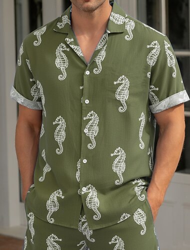  Herre Sjøhest Sjøskapninger Hawaii skjorte Tropiske skjorter Aloha skjorte Kortermet Hawaiisk Feriereise Ferie Strand Klær Sommer Vår Aftæpning 3D-utskrift Skjorter med knapper Blå Brun Grønn