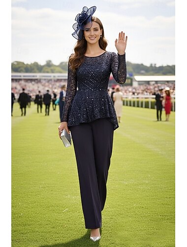 Dos Piezas Traje de pantalón Hasta el Suelo Vestido de Madrina Manga Larga Camiseta con cuello redondo Elegante Formal Invitado a la boda Noche formal Gasa Encaje con Lentejuela
