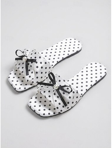  Dames slippers met stippen en strik – schattige instappers met parelstrik, casual chique slippers voor bij het zwembad, in het hotelresort en tijdens de zomervakantie.