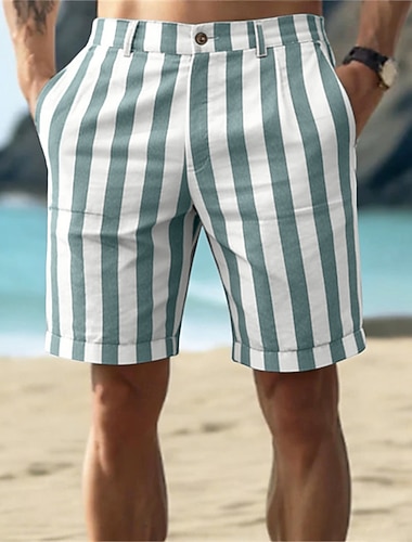  Herren Shorts Leinenshorts Sommershorts Strandshorts Tasche Elastischer Bund Gestreift Komfort Atmungsaktiv Knielang Outdoor Strand Ferien Urlaub Blau Rosa Unelastisch