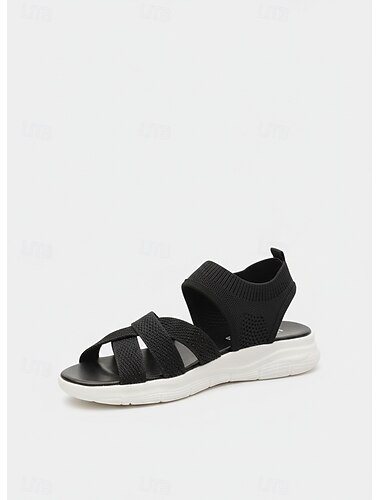  Sandalias cómodas de punto morado para mujer: zapatos deportivos casuales, ligeros y transpirables con tiras cruzadas para caminar para mujer, suela de soporte con ajuste elástico para viajes, playa,