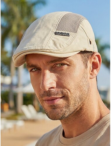  Platte pet van katoen mesh voor heren, verstelbare en ademende newsboy-pet voor dagelijks gebruik, strandvakantie, reizen en zomerse buitenactiviteiten.