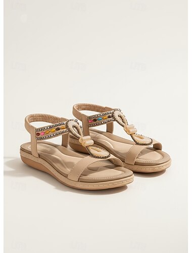  Dámské fialové bohémské sandály s T-strap strapem a korálky – letní ploché boty s imitací kamenů na dovolenou na ostrově, volnočasové cestování a zahradní párty