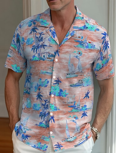 Per uomo Albero di Cocco Piante Tropicali Fiori Camicia Camicia con colletto cubano Camicia hawaiana estiva Manica Corta Hawaiano Vacanza Ferie Abbigliamento mare Estate Primavera Camicia con