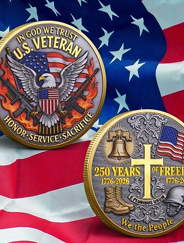  Moneta commemorativa statunitense per i veterani, 250 anni di libertà 1776-2026, medaglia patriottica con aquila, bandiera e campana della libertà. &simboli militari, onore servizio sacrificio dono