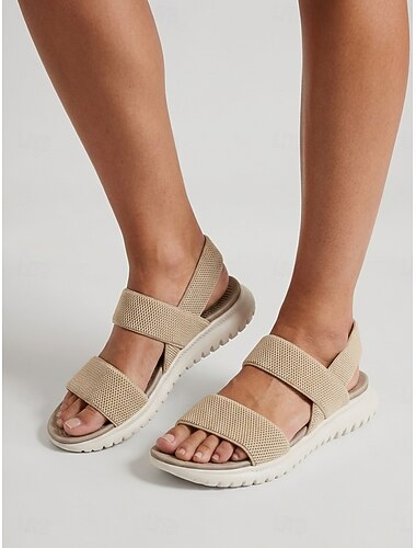  סנדלי ספורט נוחות לנשים בצבע שקדים - רצועות אלסטיות סריג, נעלי הליכה קלות משקל עם תמיכה בקשת קשתית לקיץ ולטיולים &ללבוש יומיומי