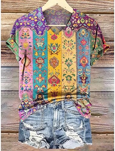  نسائي تي شيرت طباعة ورد الرسم النباتات عتيق أنيق كاجوال كم قصير V رقبة قمصان عادية مناسب للبس اليومي عطلة نهاية الاسبوع أزرق أصفر نبيذ أرجواني برتقالي الصيف الربيع