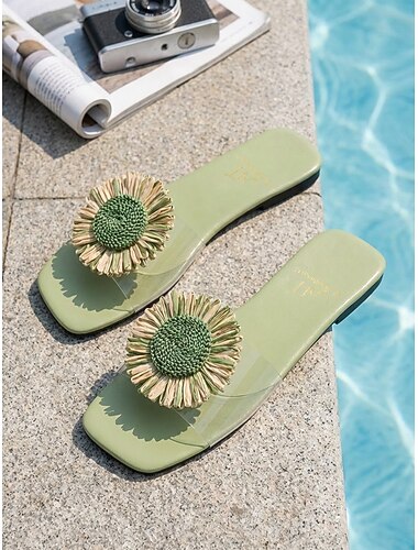  női virágmintás papucs – átlátszó pánt 3D virágdíszítéssel, könnyű lapos papucs medence mellé, üdülőhelyre és nyári vakációra