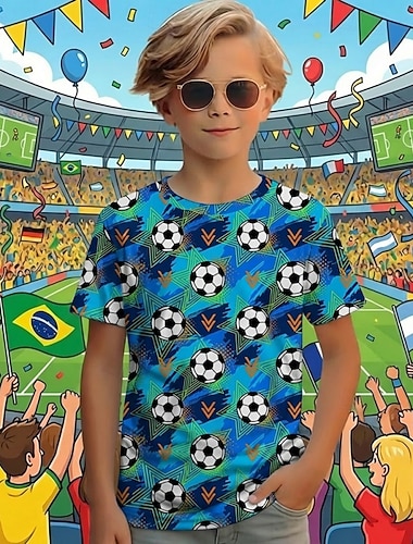  Jungen 3D Grafik Fußball T-Shirt Kurzarm 3D-Druck Sommer Frühling Sport Mode Streetwear Kinder 4-12 Jahre Rundhalsausschnitt Lässig Täglich Outdoor Normale Passform