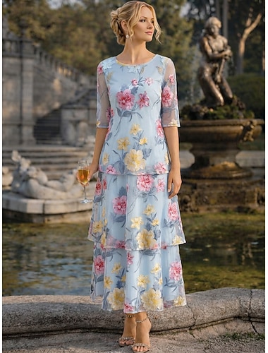  Ligne A Robe Longueur cheville Robe de Soirée Robe de Cocktail Robe de Mère de Mariée  Demi Manches Col Rond Élégant ancien Formel robe demoiselle d honneur Fête Chiffon avec Imprimé floral Volants