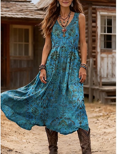  Damen Midikleid Sommerkleid A Linie Kleid Urlaub Lässig Boho Ferien Lässiger Schnitt Grafik Geometrisch Ärmellos V Ausschnitt Blau Grün Sommer Frühling