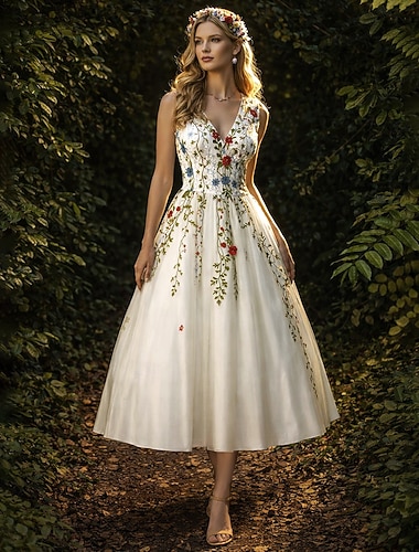  Ligne A Longueur thé Robes de Bal Floral Blanc Sans manches Col en V Bal de promo robe demoiselle d honneur Dentelle Tulle avec Broderie Appliques