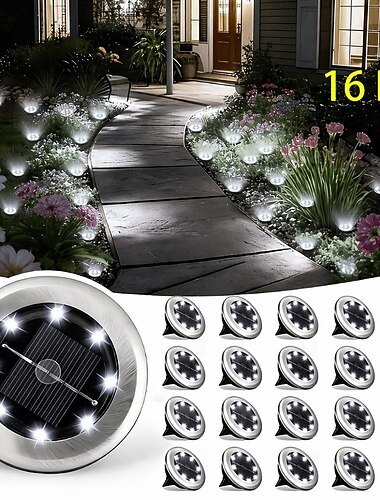  16 luci solari da giardino per esterni, luci da vialetto impermeabili IP44 con 8 LED, luci decorative da giardino con picchetto per cortile, prato, aiuole, fattoria, patio, vialetto, paesaggio,