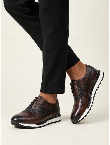  scarpe da ginnastica da uomo in pelle di coccodrillo marrone, eleganti calzature da matrimonio, scarpe eleganti per lo sposo e gli invitati al matrimonio