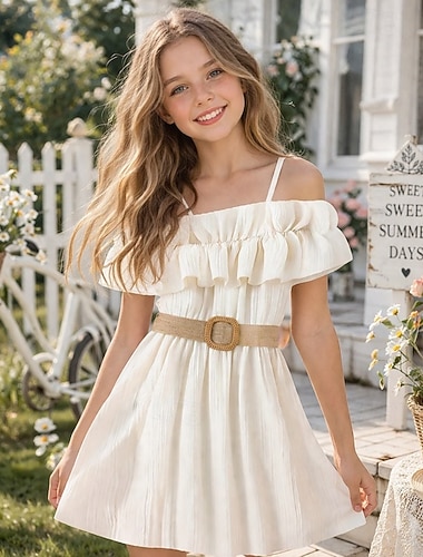 Kinder Mädchen Kleid Einfarbig Kurzarm Lässig Outdoor Rüsche Täglich Lässig Polyester Über dem Knie Weißes Kleid Freizeitkleid Sommer 7-13 Jahre Weiß