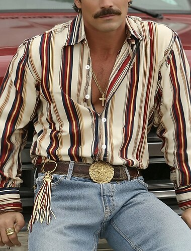  Miesten Geometrinen Raidoitettu Paita Länsimainen paita Cowboy paita Pitkähihainen Vintage retro Kausaliteetti ulko- Työasut Kesä Kevät Sänkyjen avaus 3D-tulostus Pellava kuin paita Napitettavat