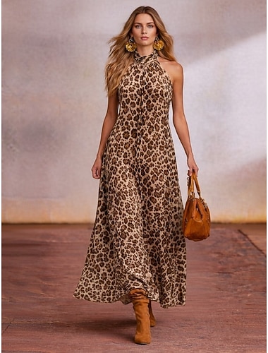  Dames Halflange jurk Zonnejurk A lijn jurk halter jurk Rugloze jurk Vakantie Feest Casual Buiten Strand Avond Feest Ruim Passend Ombre Grafisch Luipaard Mouwloos Halternek Schermkleur Zomer Lente