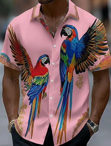  בגדי ריקוד גברים ציפור תוּכִּי חולצת הוואי חולצות טרופיות חולצת אלוהה שרוולים קצרים הוואי חופשה ביגוד חוף קיץ אביב צווארון מתקפל הדפסת תלת מימד חולצות מכופתרות פול צהוב ורוד מסמיק סגול תלתן