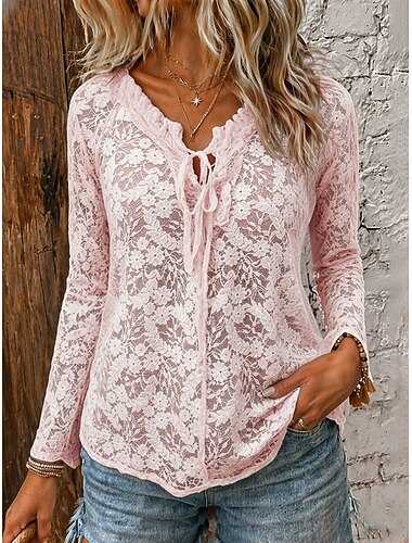  Dame Skjorte Boho skjorte Bluse Blonde Lapper Helfarge Grunnleggende Fritid Langermet V-hals Vanlige topper Avslappet Daglig Svart Hvit Rosa Kakifarget Sommer Vår Høst Vinter