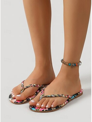  Dames slippers met bohemian bloemenprint - tropische zomerstrandsandalen met gevlochten bandjes &Levendige bloemenpatronen voor eilandvakanties &loungen bij het zwembad