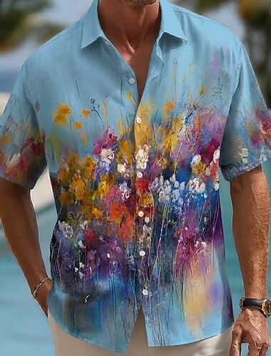  Herren Bunt Blumendruck Tropische Blumen Hawaiihemden Tropische Hemden Alohahemd Kurzarm Hawaiianisch Strandurlaub Sommer Frühling Umlegekragen 3D-Druck Leinenähnliches Hemd Blau Rosa Grün Khaki Grau