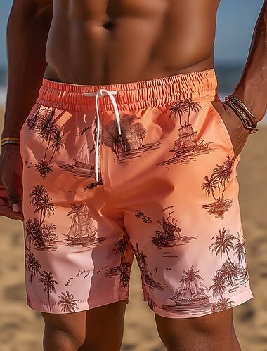  Homme Cocotier Dégradé de Couleur Voilier Maillots de bain Maillots de bain shorts de bain Shorts de Surf Taille Moyenne Hawaïen Vacances à la Plage Poches Latérales doublure en maille Taille