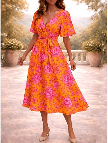  Dame Midikjole Kjole med A-linje Bandasje Kjole Rysjekjole Ferie Fritid Kjegle Erme Ferie Stevnemøte Normal Blomstret Grafisk Kortermet V-hals Oransje Sommer Vår